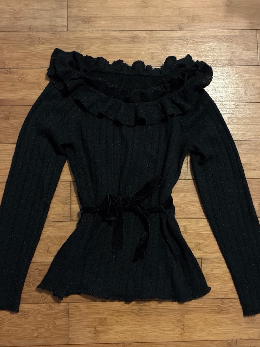 Magaschoni Black cashmere sweater with ruffle neckline and velvet tie waist